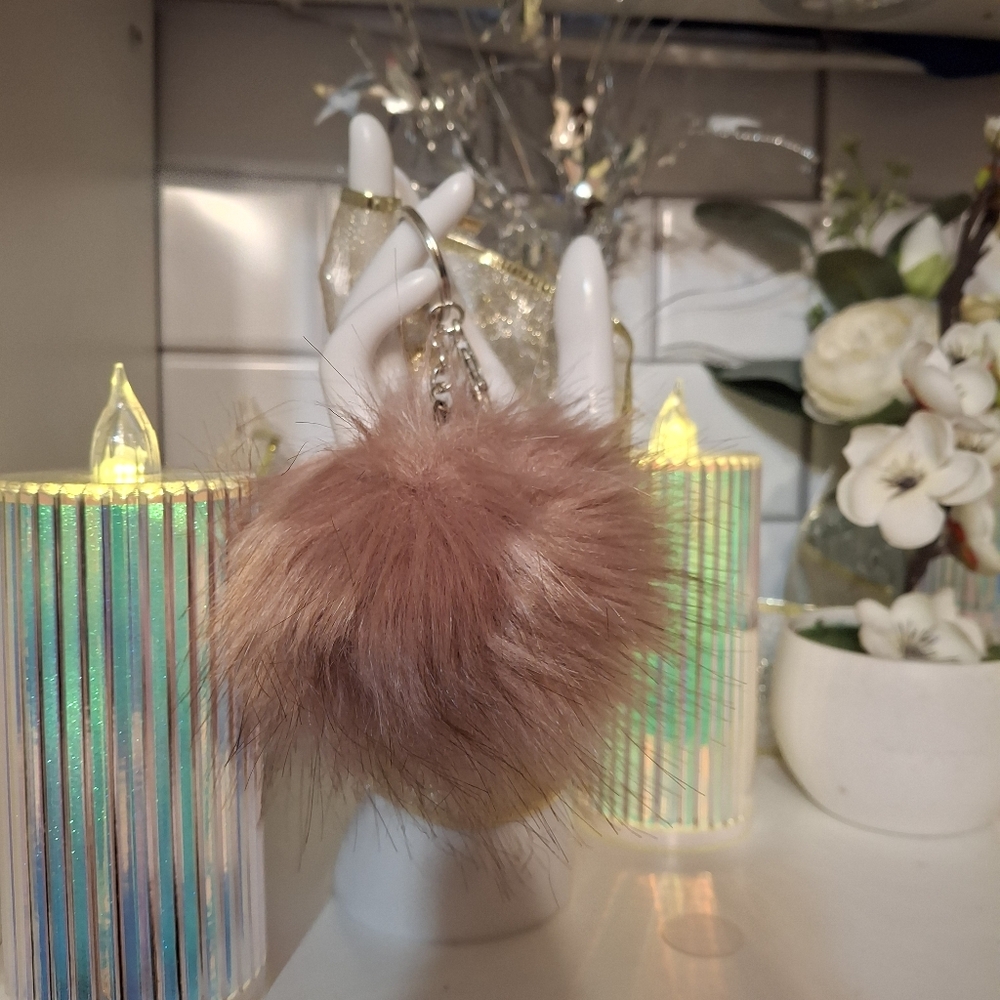 Faux Fur Pom Pom Bag Charm Keyring. Luxury Handmade Bag Jewelry Dusty Rose Pink